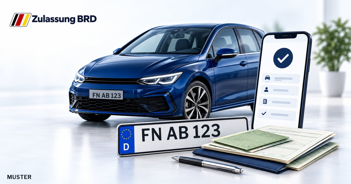 Online Fahrzeugzulassung in Markdorf: Musterkennzeichen FN AB 123, Auto und Fahrzeugpapiere und Smartphone. Illustration mit Logo von Zulassung BRD.